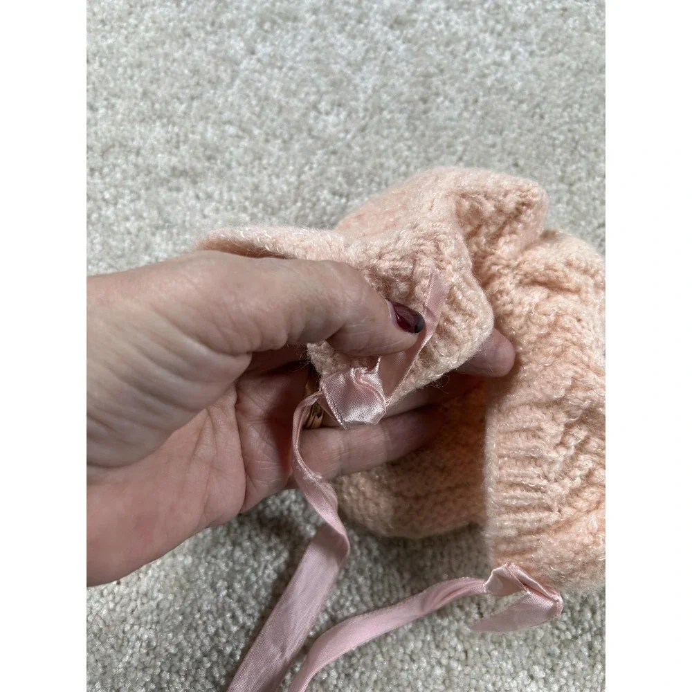 Vintage Hand Knit Baby Bonnet Pink Soft Acrylic Satin Ribbon 90s Girl Infant Hat